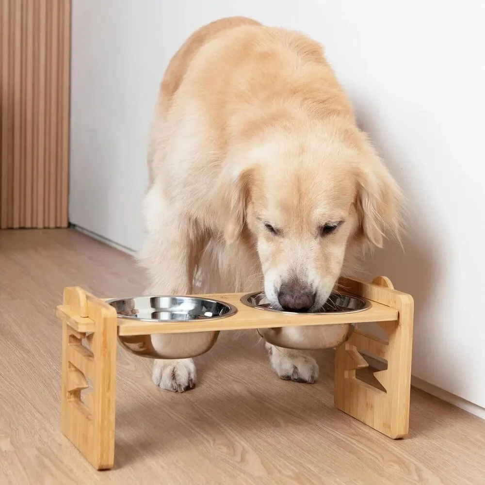 Bamboo Elevated Dog Bowl Stand with Stainless Steel Bowls